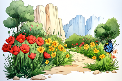 Mountain Meadow with Flowers and Butterfly