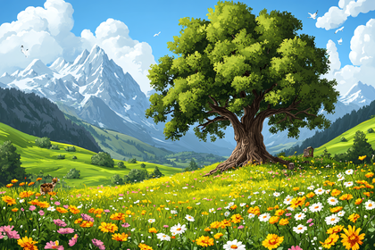 Mountain Meadow with Tree