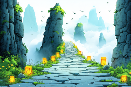 Mountain Path with Lanterns