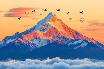 Mountain Peak at Sunset with Smiley Birds