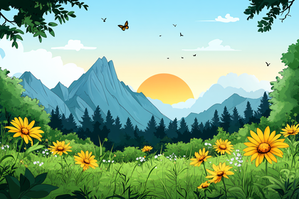 Mountain Sunrise Landscape With Daisies