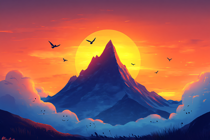 Mountain Sunset With Smiley Clouds