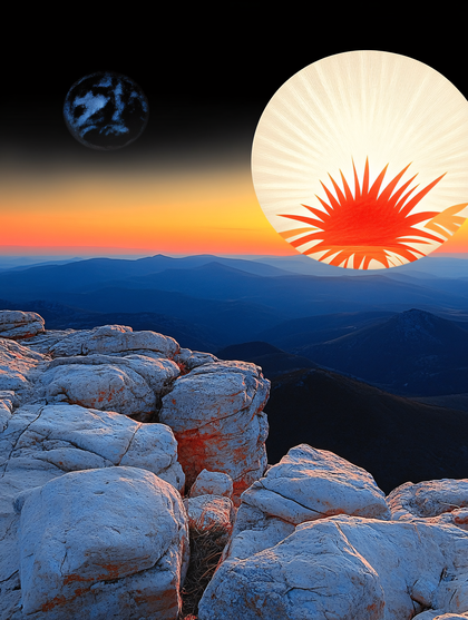 Mountain Sunset With Stylized Sun