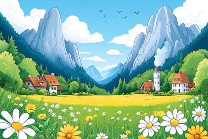 Mountain Valley Landscape with Flowers
