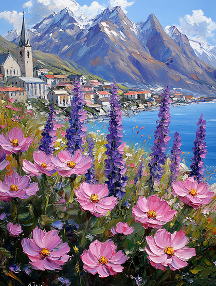 Mountain Village and Pink Flowers Painting