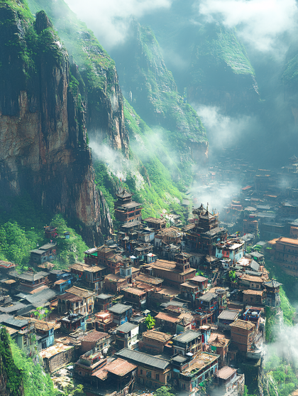 Mountain Village in Mist