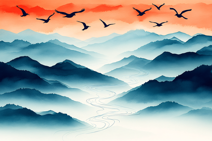 Mountain Vista with Flying Birds