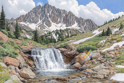 Mountain Waterfall Landscape with Rainbow