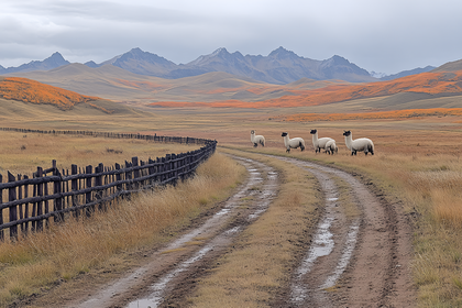 Mountainous Landscape With Llamas And Wooden Fence