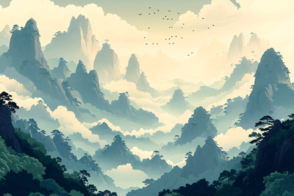 Mountainous Landscape with Mist and Birds