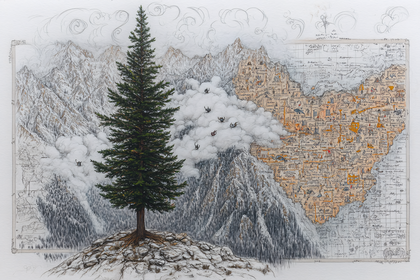 Mountainous Landscape with Pine and Map Overlay