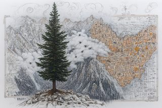 Mountainous Landscape with Pine and Map Overlay