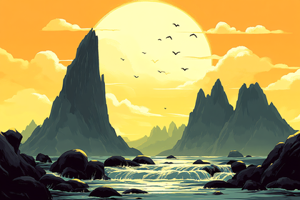 Mountainous Seascape At Sunset