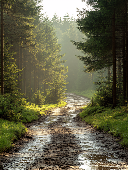 Muddy Path Through Forest in Morning Light