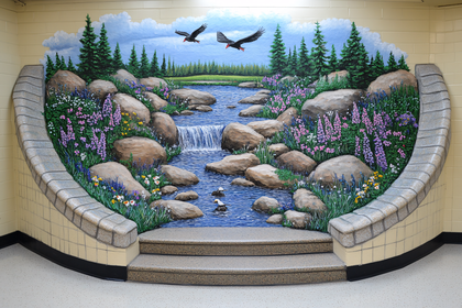 Mural of River Landscape with Eagles and Ducks