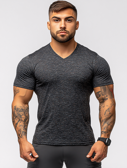 Muscular Man in Gray V-Neck T-Shirt
