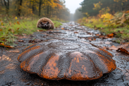 Mushroom and Hedgehog in Autumn Forest