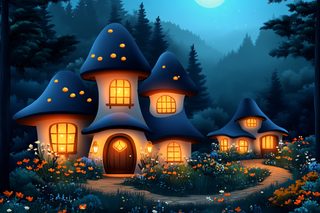 Mushroom House Village Night