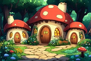 Mushroom Houses In A Forest
