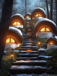 Mushroom Houses in Winter Forest