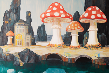 Mushroom Island Landscape with Fantasy House and Bridges