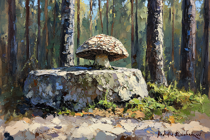 Mushroom on Stump in Forest Painting