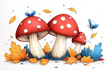 Mushrooms With Butterfly And Autumn Leaves