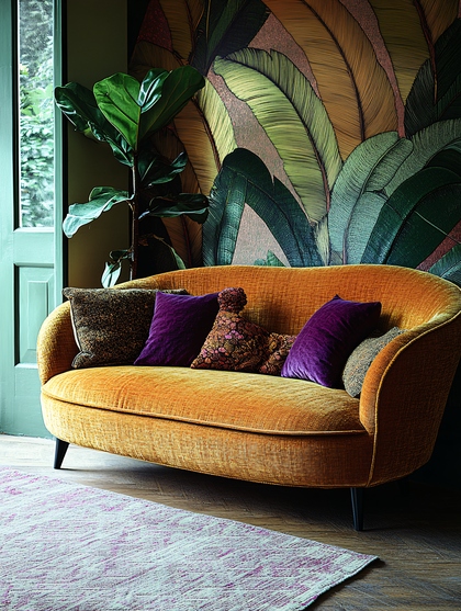 Mustard Yellow Sofa with Banana Leaf Wallpaper