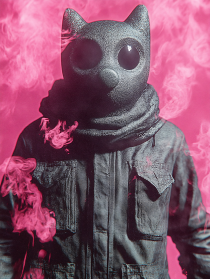 Mysterious Figure in Animal Mask Amidst Pink Smoke