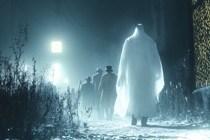 Mysterious Figures in Foggy Street