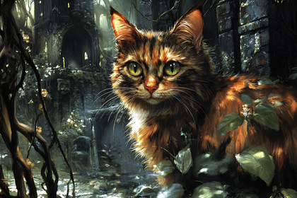 Free Download Orange Tabby Cat in Enchanted Forest Ruins Digital Art