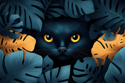 Mystical Feline In Tropical Leaves