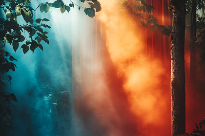 Mystical Forest Of Colored Smoke In Sunlight