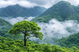 Mystical Mountain Landscape with Fog and Symbols