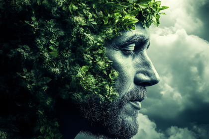 Man Face Merged with Green Leaves and Cloudy Sky