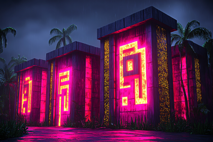 Neon Aztec Gateway in the Rain