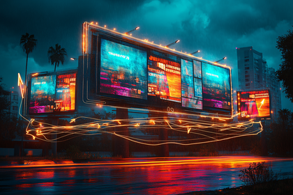 Neon Billboard Reflections In Rainy Cityscape