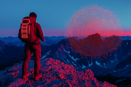 Neon Hiker Atop Mountain