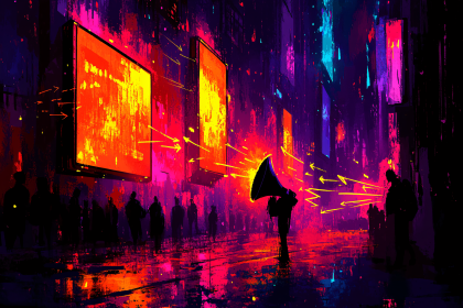 Neon Propaganda: Megaphone Announcement in Dystopian City