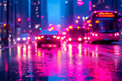 Neon Reflections on Rainy City Street