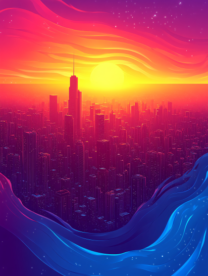 Neon Skyline Sunset Cityscape