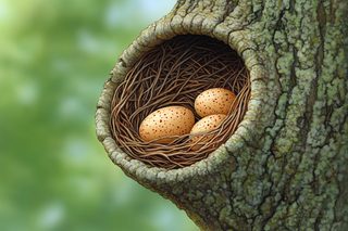 Nest With Speckled Eggs In Tree Hole