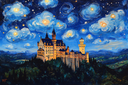 Neuschwanstein Castle Under Starry Night Sky