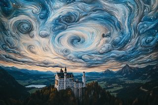 Neuschwanstein Castle Under Swirling Starry Sky