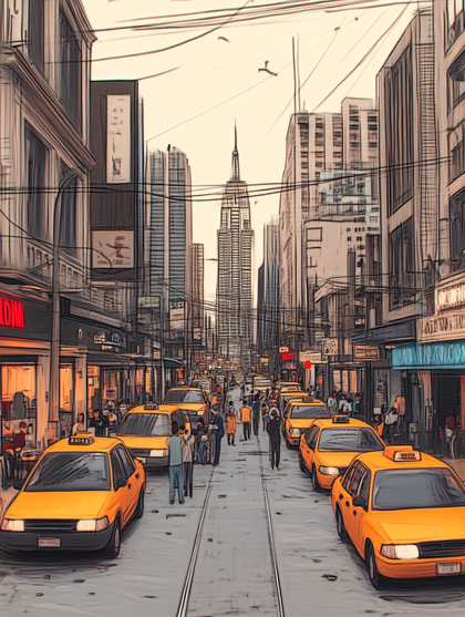 New York City Street Scene with Yellow Taxis