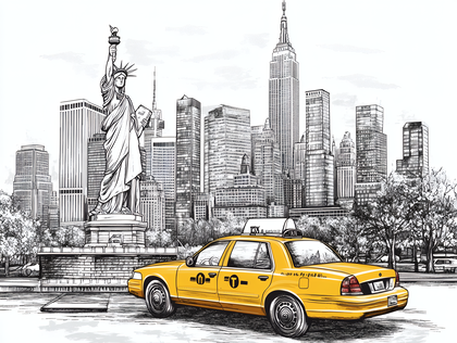 New York City Taxi with Statue of Liberty