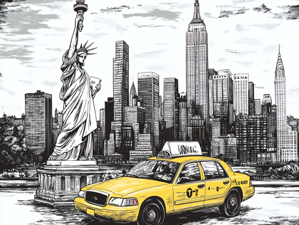New York Cityscape with Statue of Liberty and Taxi