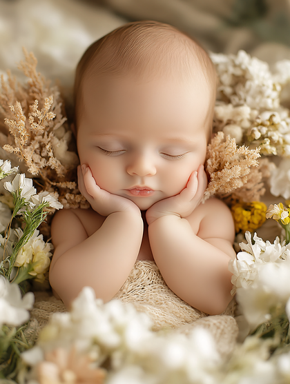 Newborn Baby Sleeping Among Flowers