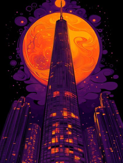 Night Cityscape with Orange Moon