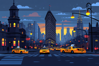 Night Cityscape With Yellow Taxis